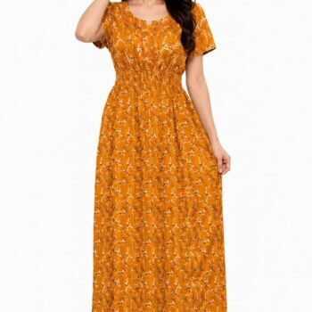 Women's Mustard Yellow Printed Cotton Blend Nighty | Soft & Comfortable Full Length Night Gown