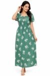 Women's Mustard Green Printed Cotton Blend Nighty | Soft & Comfortable Full Length Night Gown