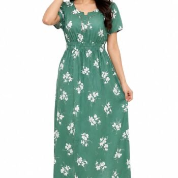 Women's Mustard Green Printed Cotton Blend Nighty | Soft & Comfortable Full Length Night Gown
