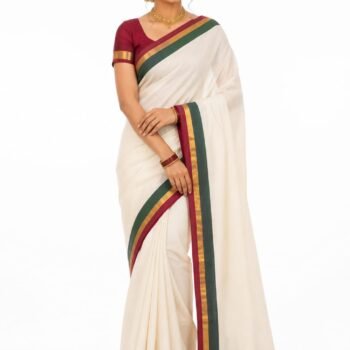 Premium Pure Cotton Off-White Saree with Maroon & Green Zari Border