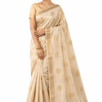 Women's Premium Cream Beige Cotton Blend Saree with Gold Woven Butta & Elegant Zari Border