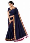 Women's Premium Navy Blue Cotton Blend Saree with Golden Zari Border & Tassel Pallu