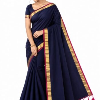 Women's Premium Navy Blue Cotton Blend Saree with Golden Zari Border & Tassel Pallu