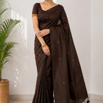 Women's Premium Chocolate Brown Cotton Blend Saree with Elegant Gold Butta & Tassel Pallu