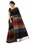 Women's Premium Black Cotton Blend Saree with Multicolor Striped Pallu & Tassel Border