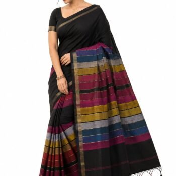 Women's Premium Black Cotton Blend Saree with Multicolor Striped Pallu & Tassel Border