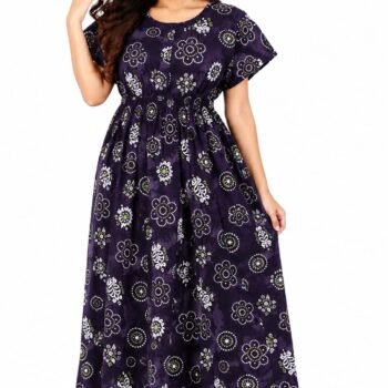 Women's Dark Purple Printed Cotton Blend Nighty | Soft & Comfortable Full Length Night Gown
