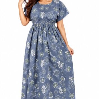Women's Grey Printed Cotton Blend Nighty | Soft & Comfortable Full Length Night Gown | Daily Wear