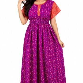 Women's Purple Printed Cotton Blend Nighty | Soft & Comfortable Full Length Night Gown | Daily Wear